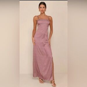 NEW Lulus Prettiest Charm Brown Polka Dot Satin Lace-Up Maxi Dress